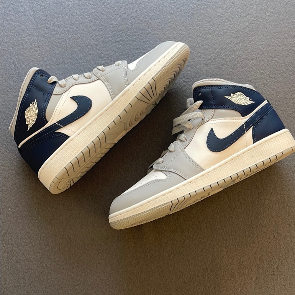 Brand New Nike Air Jordan 1 Mid Sneakers - White/ Wolf Grey/Midnight Navy